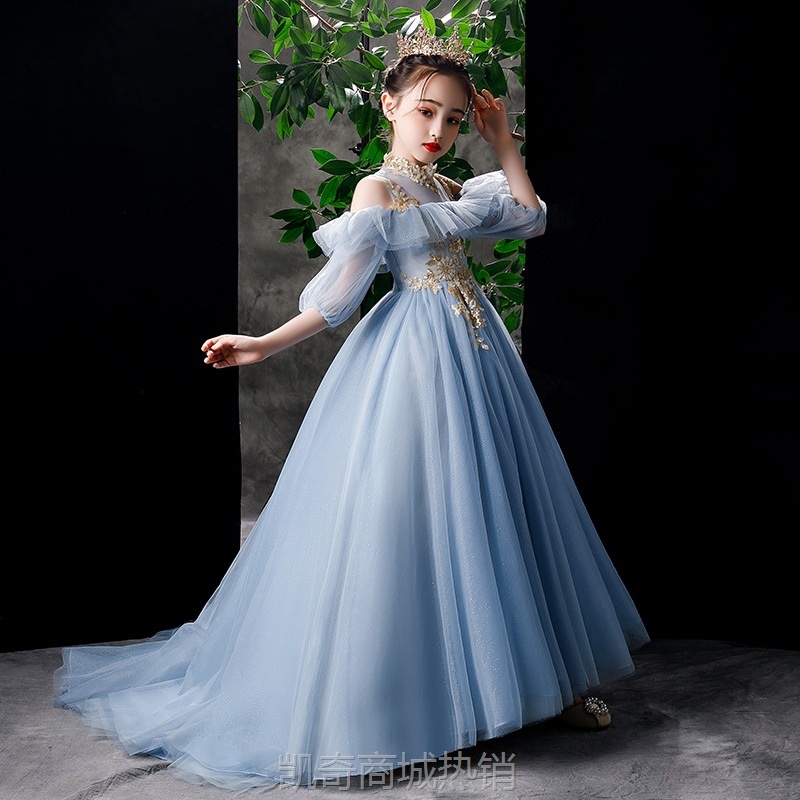 儿童礼服蓬蓬纱2024花童钢琴演出服洋气女童主持人走秀晚礼服拖尾