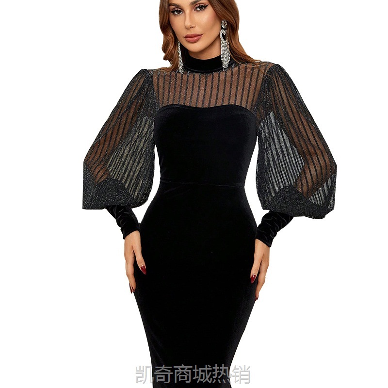 欧美跨境外贸女装长款鱼尾晚礼服性感连衣裙派对优雅灯笼袖长裙