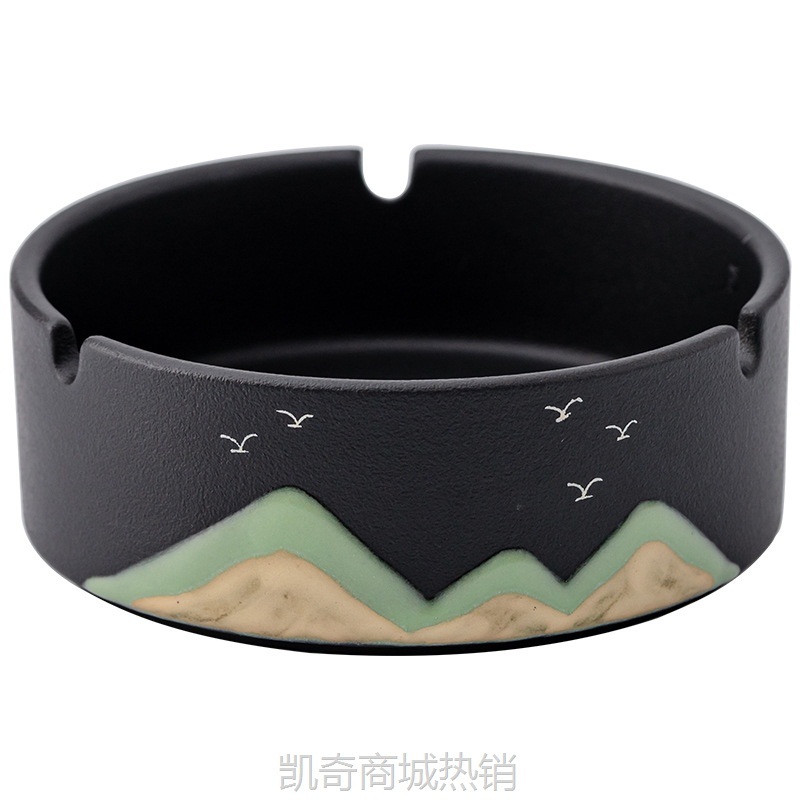 中式简约手绘远山陶瓷烟灰缸国潮创意家用客厅办公室洒店餐馆礼物