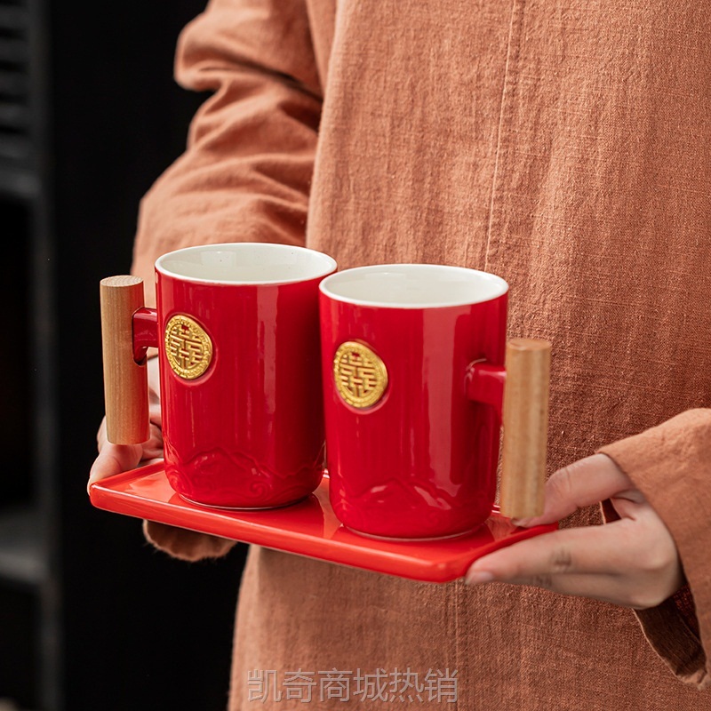 漱口杯套装创意家用情侣对杯结婚洗漱杯子红色陶瓷牙刷杯一对牙缸