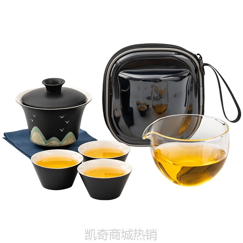 万里山河便携式旅行茶具套装露营户外泡茶快客杯一壶三杯LOGO礼品