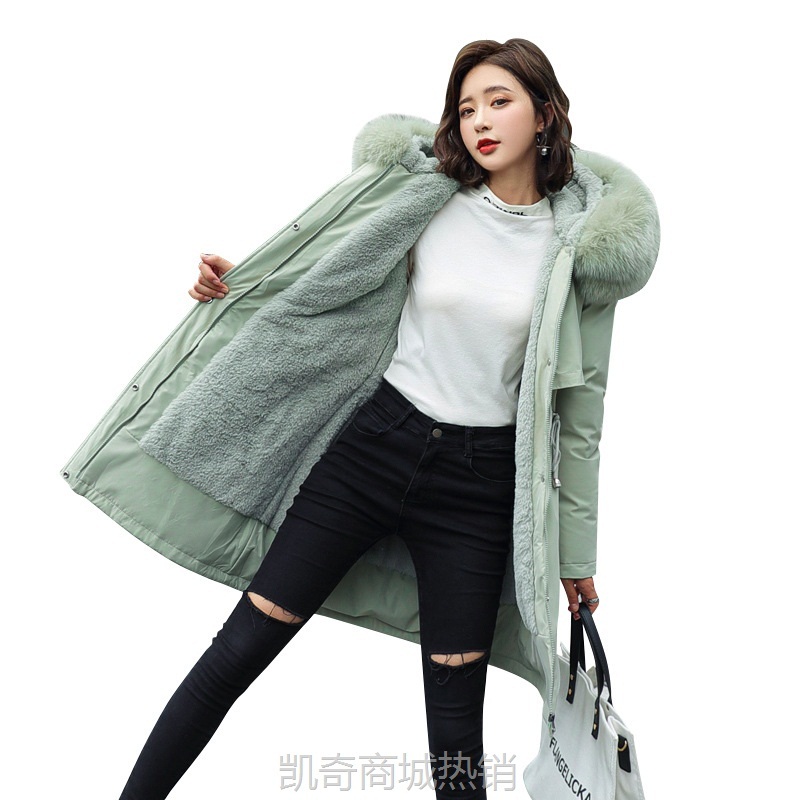 2023冬季欧美新款女式棉衣中长款大毛领加绒棉袄羽绒棉服棉袄外套