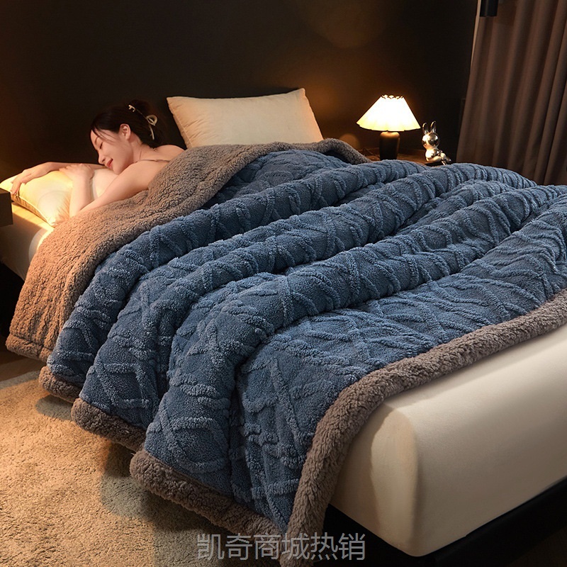 2024新款A类三层夹棉加厚塔肤绒毛毯 100*150cm 雾霾蓝-灰