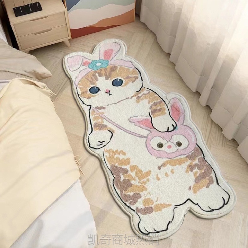 跨境卡通猫咪仿羊绒地毯家用卧室加厚床边毯飘窗儿童房脚垫防滑毯