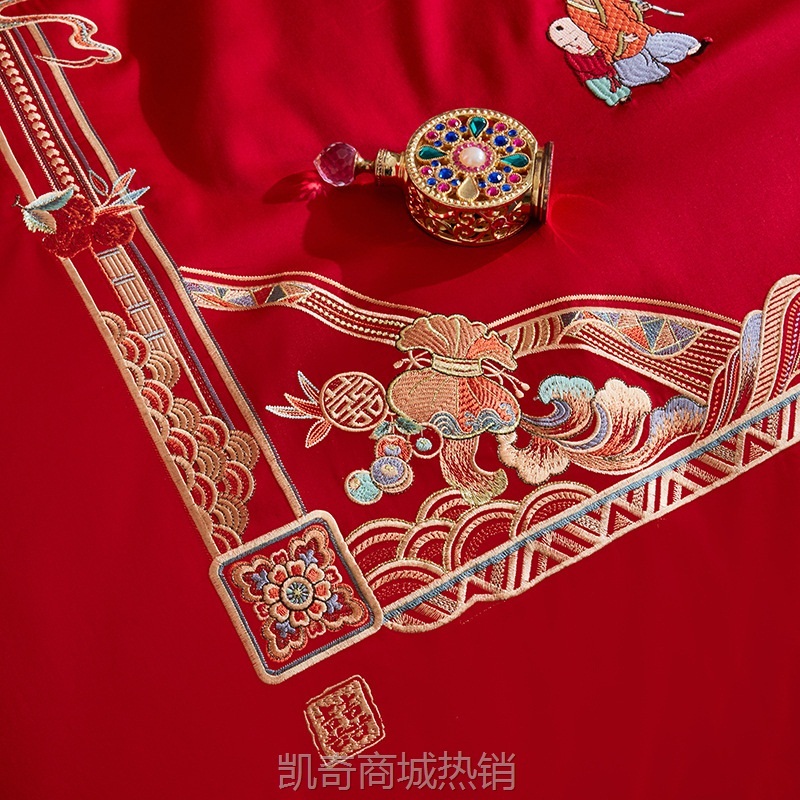 140支全棉百子图婚庆四件套大红结婚床上用品纯棉喜被六八十件套
