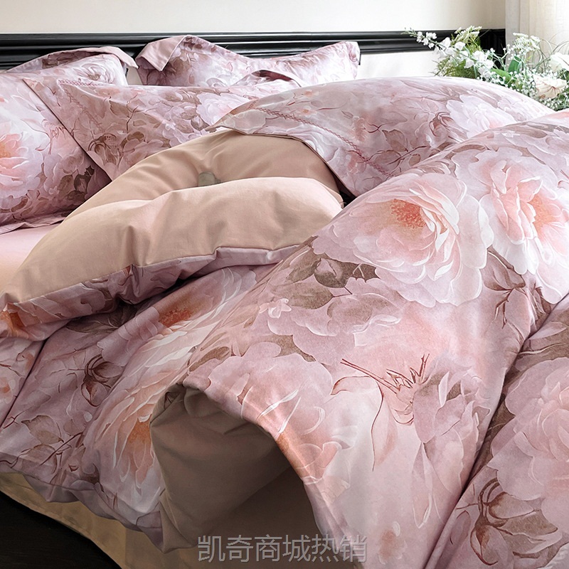 秋冬超柔全棉磨毛四件套复古风花卉数码印花加厚被套床上用品
