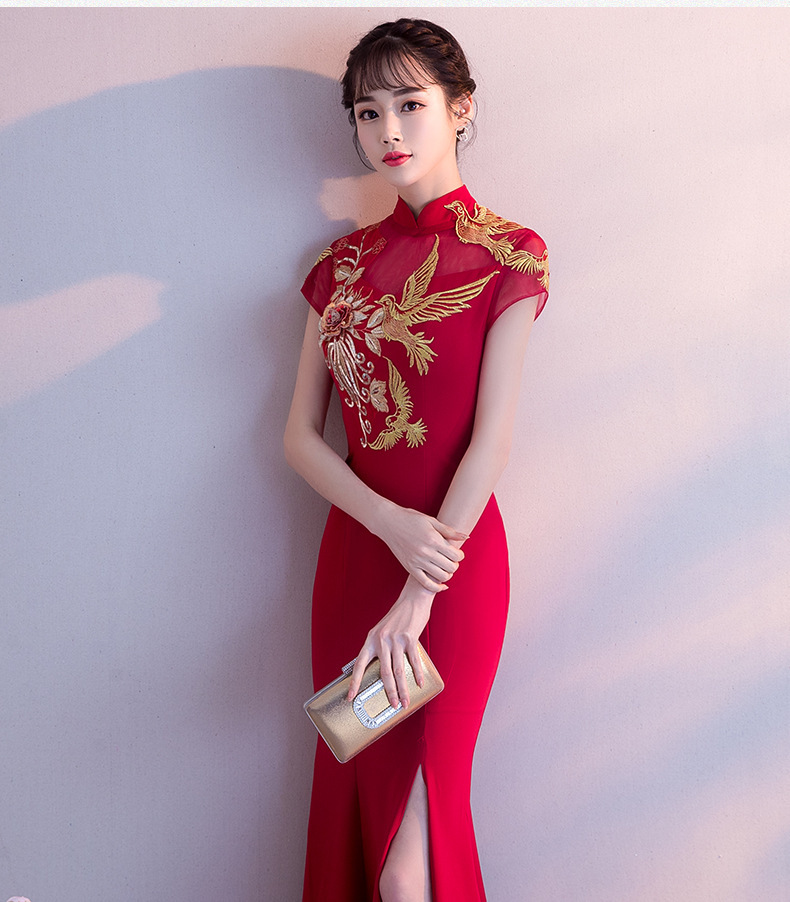 敬酒服旗袍 夏季长款中式新娘结婚红色晚礼服女式 鱼尾旗袍敬酒服