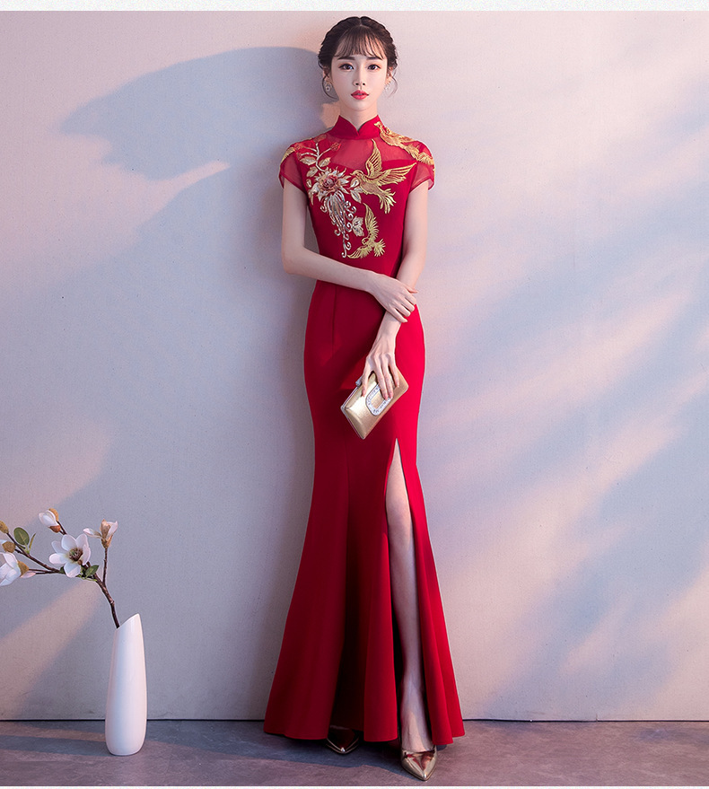 敬酒服旗袍 夏季长款中式新娘结婚红色晚礼服女式 鱼尾旗袍敬酒服
