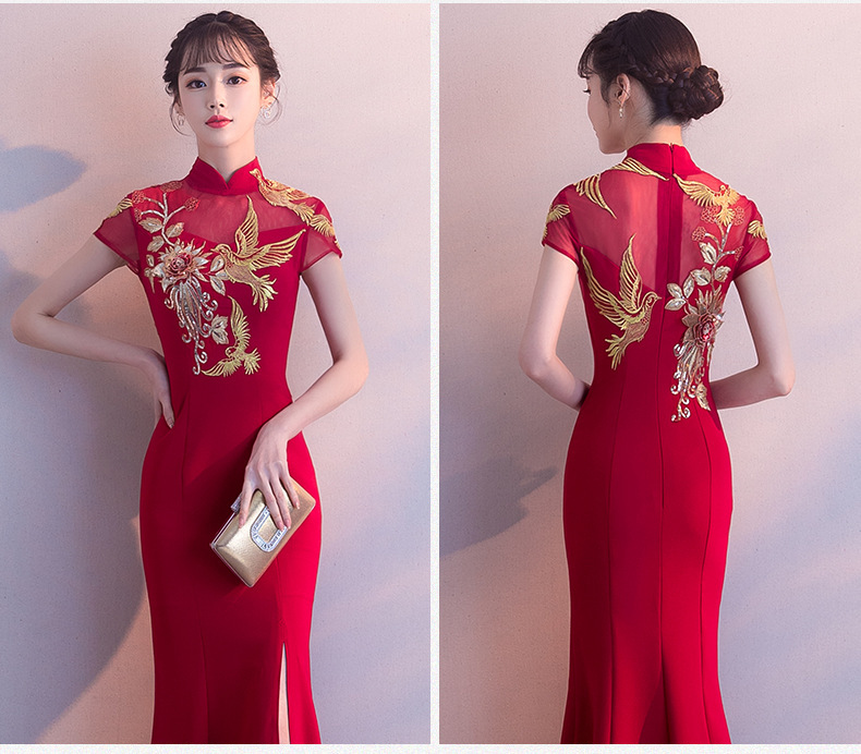 敬酒服旗袍 夏季长款中式新娘结婚红色晚礼服女式 鱼尾旗袍敬酒服