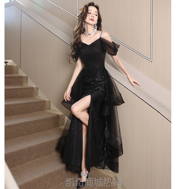 吊带黑色晚礼服2024秋季新款亮片开叉款宴会派对小礼服裙厂家货源
