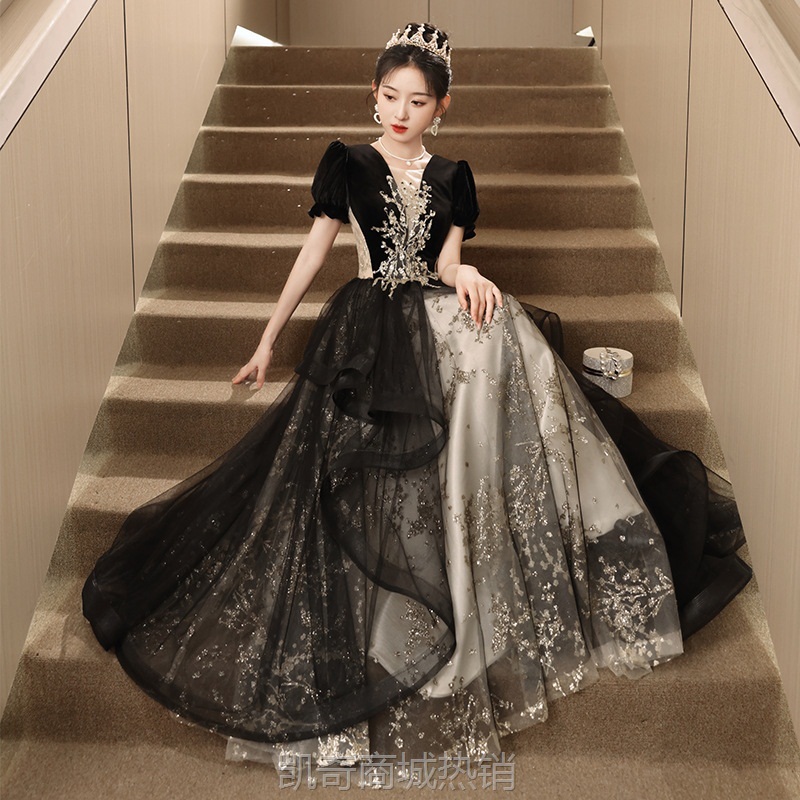 黑色晚礼服女2024新款艺考主持人宴会长裙气质高端小众轻奢名媛裙