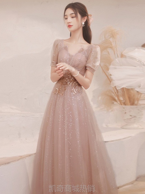 宴会晚礼服女2024冬季新款优雅气质主持人名媛粉色修身显瘦连衣裙