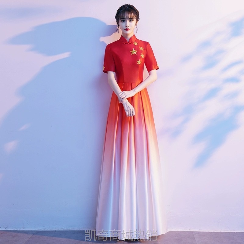 红歌合唱团演出服女长裙舞台朗诵红色表演服装大合唱指挥主持礼服