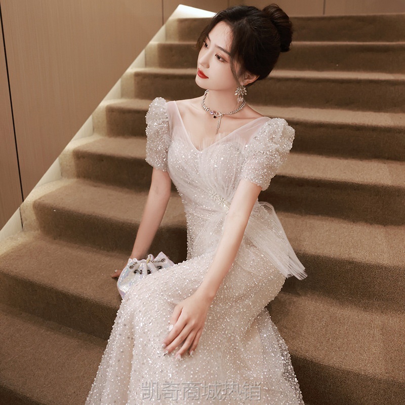鱼尾晚礼服裙女2024秋季新款法式轻奢亮片小众婚纱裙年会晚宴礼服