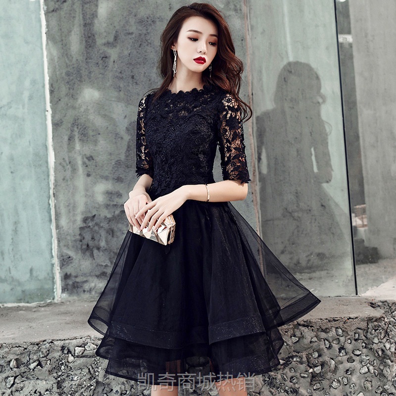 2020新款宴会修身小个子生日礼服简单大方短款黑色晚礼服女夏