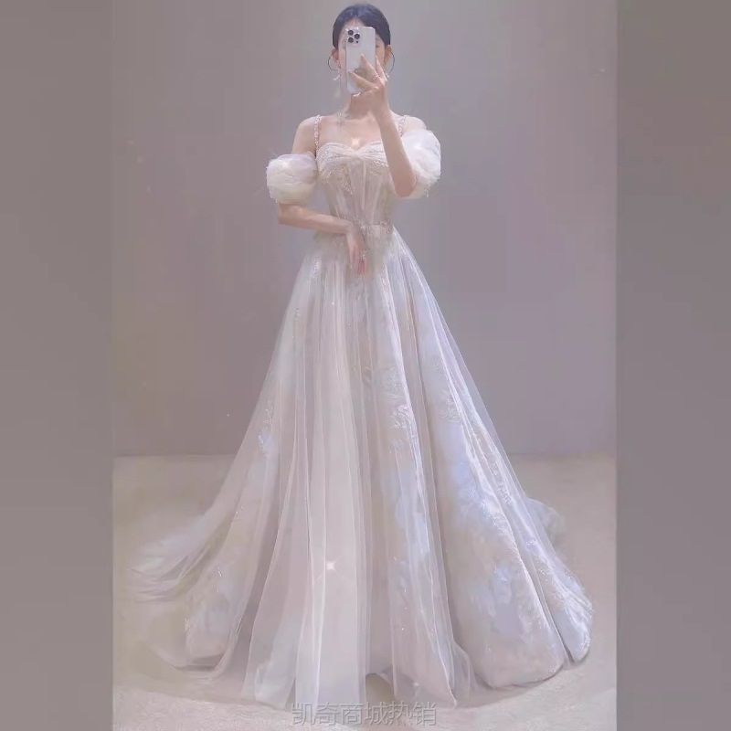 浪漫仙女敬酒服新娘订婚2024轻奢小众婚纱宴会生日一字肩晚礼服裙
