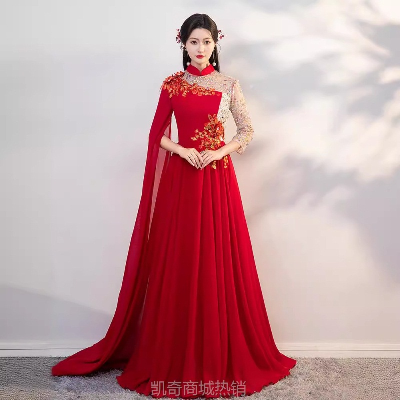 大合唱团演出服红色成人女弹古筝民乐演奏礼服主持人表演比赛独唱