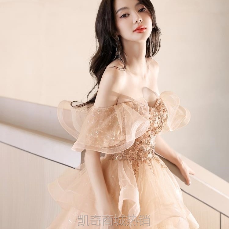 超仙轻纱晚礼服女高级感轻奢洋气法式一字肩香槟色声乐艺考高定
