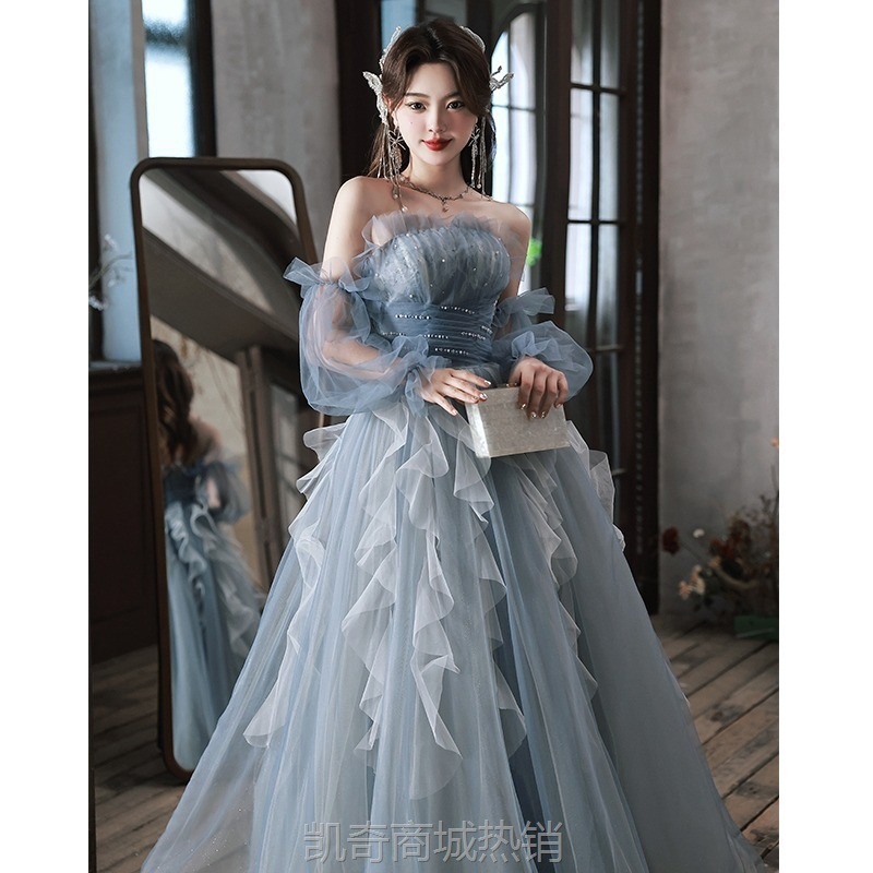 蓝色抹胸宴会晚礼服2024新款超仙声乐演出蓬蓬纱长裙生日派对礼服