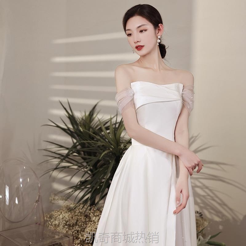 法式轻婚纱2024缎面工厂定制宴会晚礼服一字肩简约气质旅拍轻婚纱