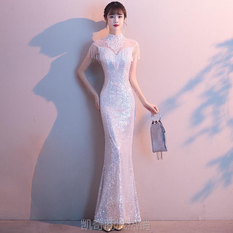 白色晚礼服裙女秋高贵宴会气质轻奢主持人长款名媛高级感鱼尾礼服