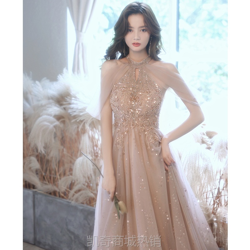香槟色晚礼服裙2021新款高端宴会气质年会生日伴娘服主持高级质感