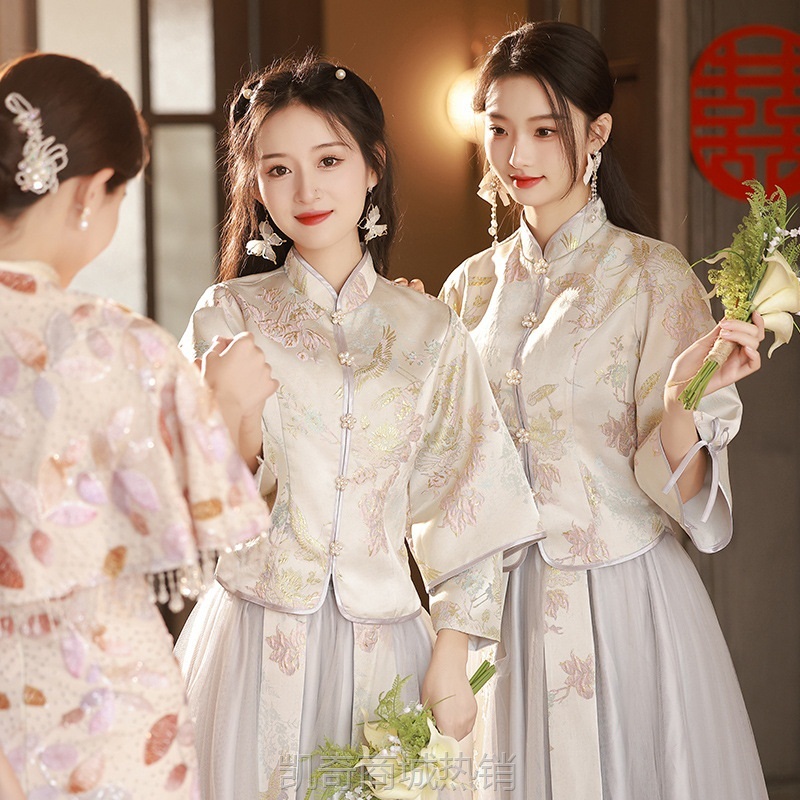 伴娘服中式2024冬季新款显瘦礼服小个子中国风旗袍姐妹团伴娘裙女