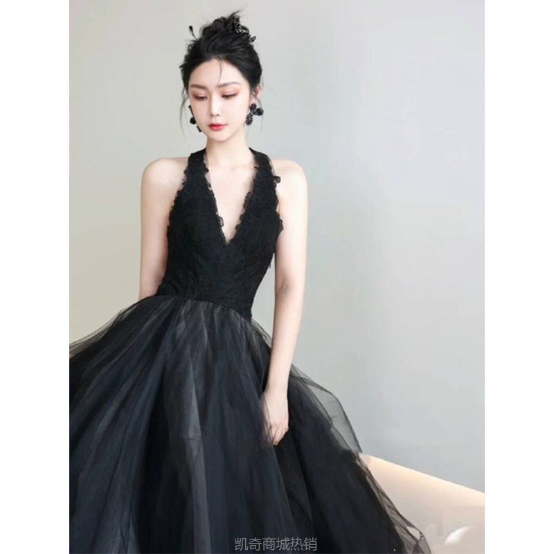 晚礼服女宴会轻奢小众高端高级感黑色v领主持人艺考公主裙成人礼