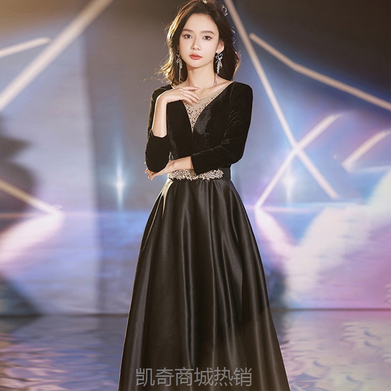 法式黑色晚礼服女2024新款宴会气质大气连衣裙主持人艺考礼服批发