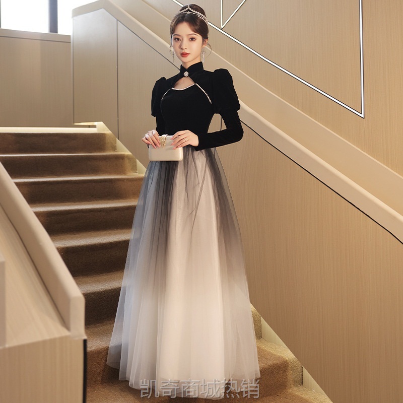 黑色晚礼服女2024新款气质长款学生艺考礼服主持人年会连衣裙长袖