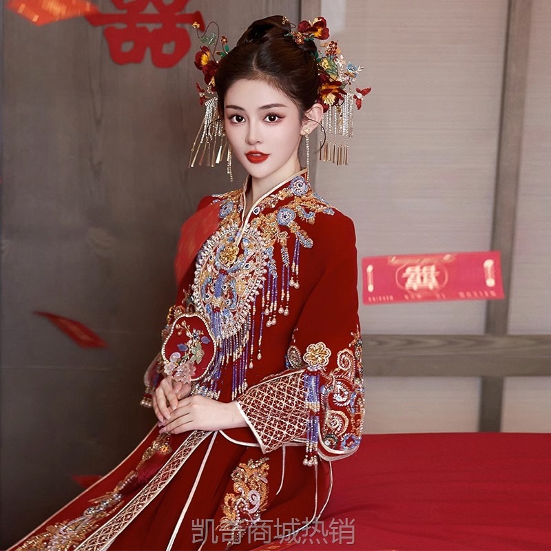 重工丝绒秀禾服2024新款新娘结婚中式嫁衣复古显瘦龙凤褂敬酒服女