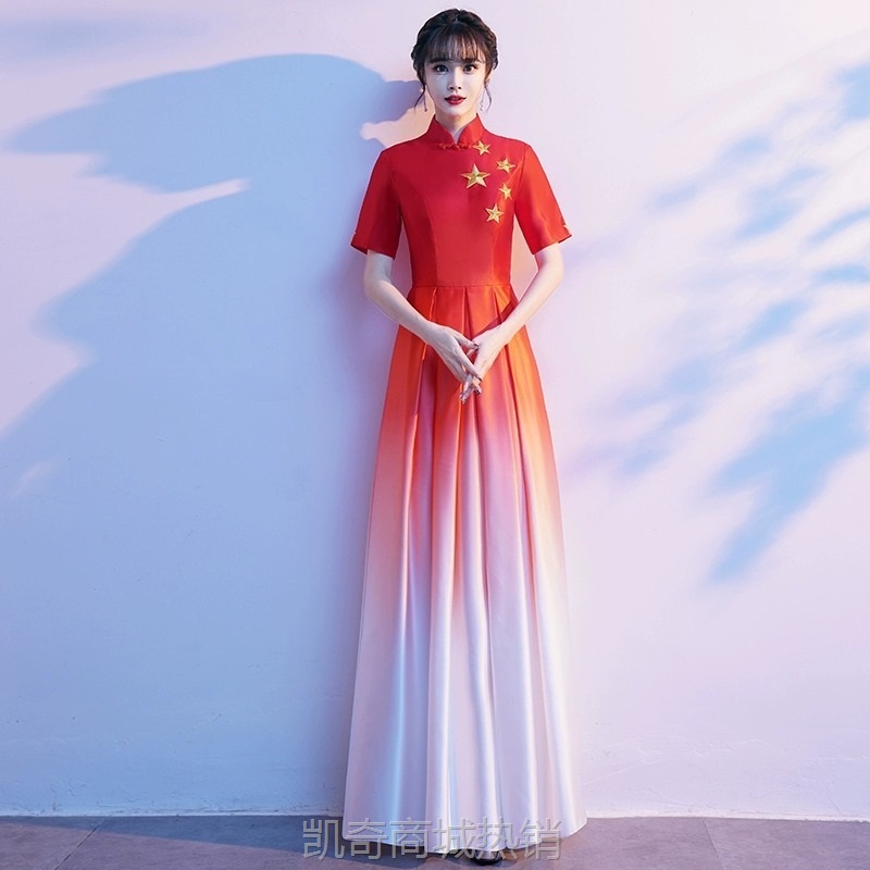 红歌合唱团演出服女长裙舞台朗诵红色表演服装大合唱指挥主持礼服