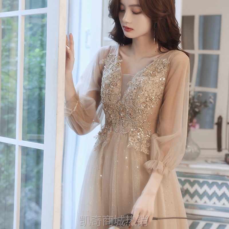 晚礼服裙香槟色订婚小主持人女伴娘服超仙显瘦礼服裙长款敬酒服秋