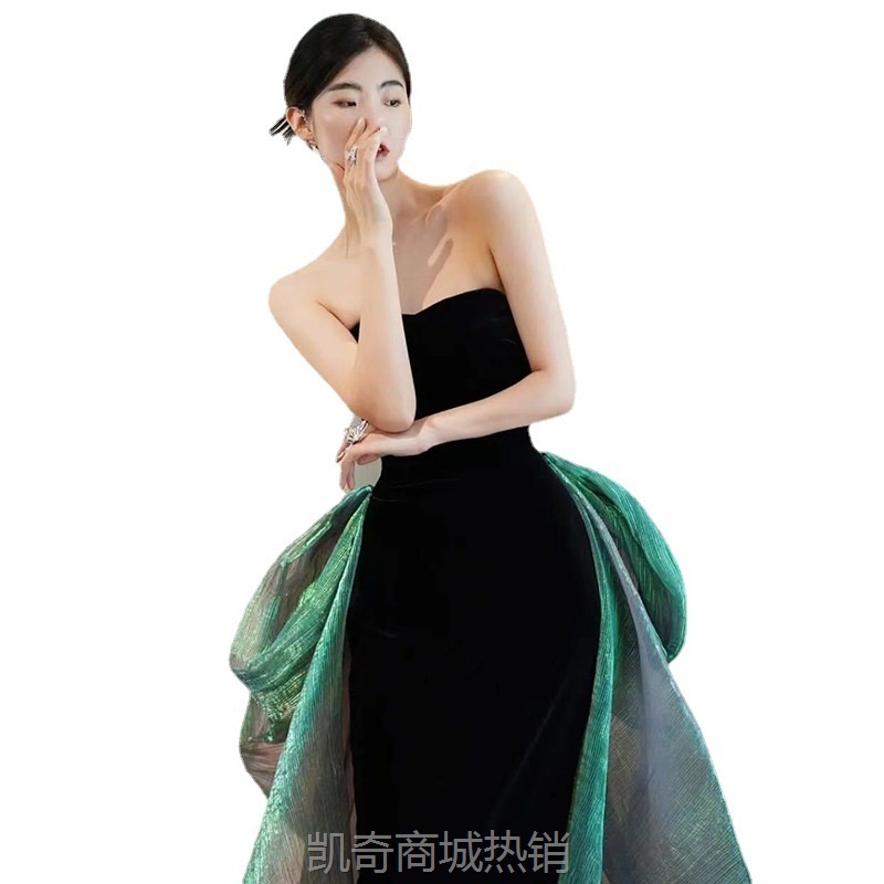 黑色晚礼服2024秋季新款宴会气质鱼尾抹胸礼服主持人优雅复古长裙