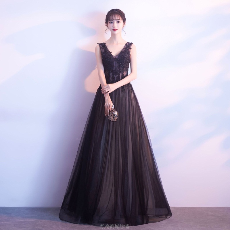 宴会黑色晚礼服2020新款夏季长款主持人礼服女高贵修身显瘦连衣裙