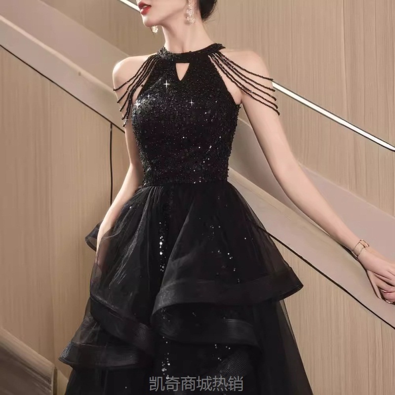 黑色宴会晚礼服2024新款亮片流苏蓬蓬裙艺考年会演出礼服厂家批发