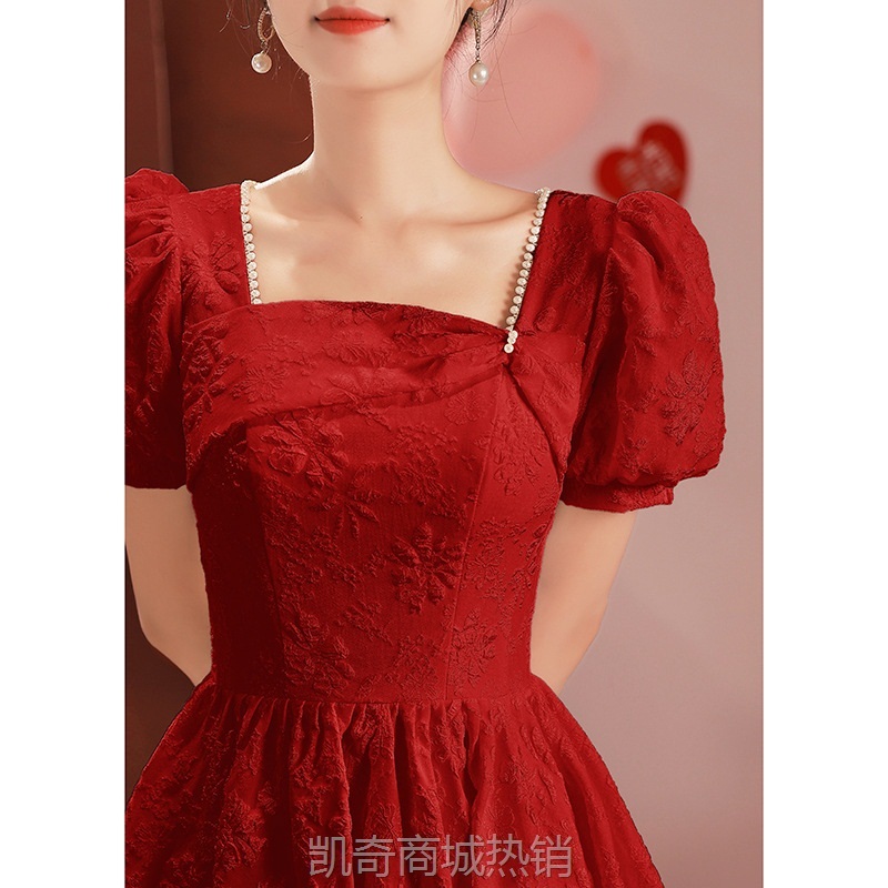 敬酒服新娘酒红色平时可穿法式宫廷风2024订婚连衣裙新款红裙礼服