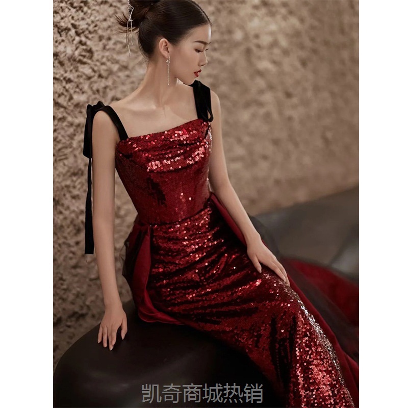 敬酒服新娘订婚连衣裙红色洋气轻奢小众高级感吊带礼服小个子礼服