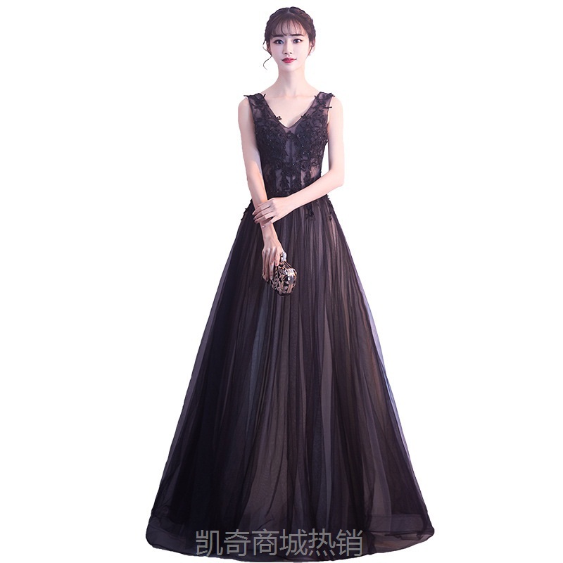宴会黑色晚礼服2020新款夏季长款主持人礼服女高贵修身显瘦连衣裙