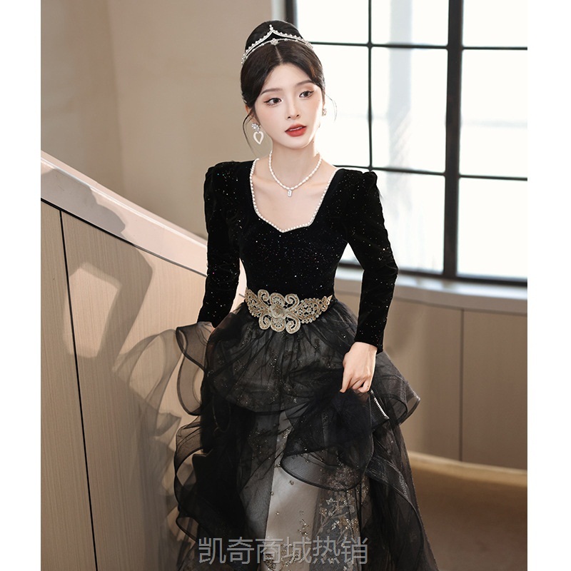 黑色晚礼服女高级感2024新款宴会演出法式声乐艺考裙轻奢小众高端