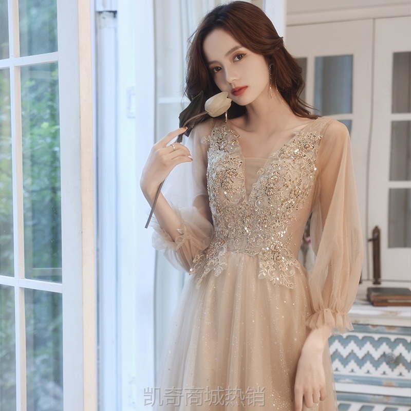 晚礼服裙香槟色订婚小主持人女伴娘服超仙显瘦礼服裙长款敬酒服秋