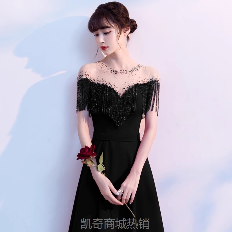 黑色晚礼服裙2024新款名媛高级感宴会轻奢气质主持人年会礼服批发