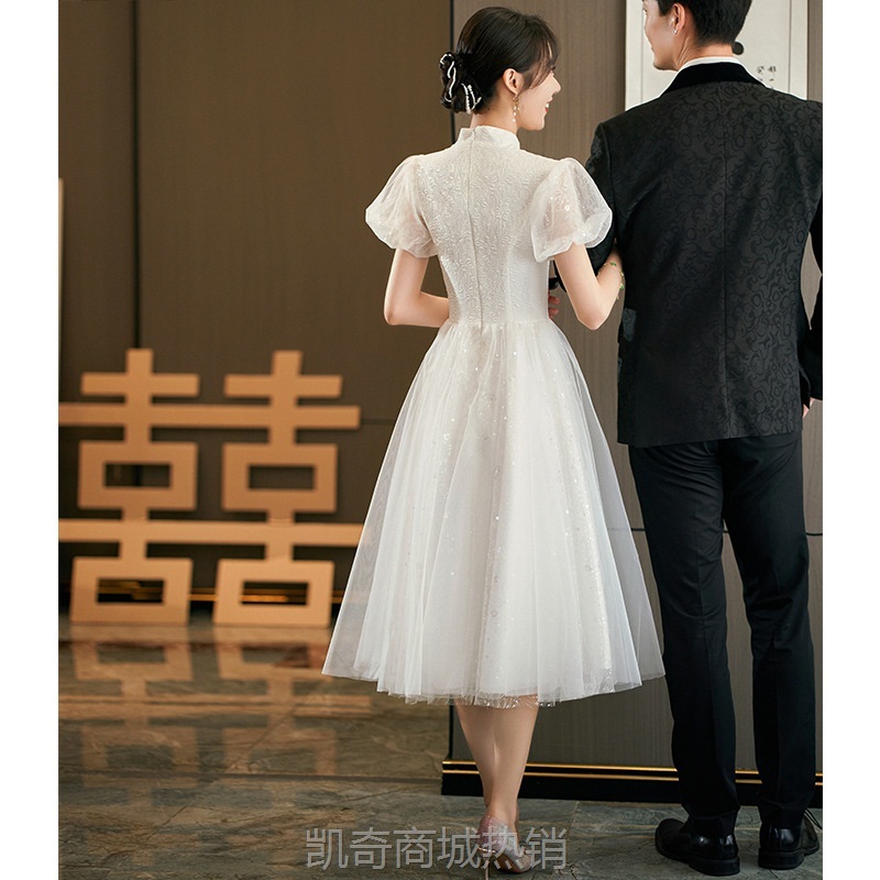 中式旗袍晚礼服女2024款高级感领证登记小白裙中式网纱订婚连衣裙