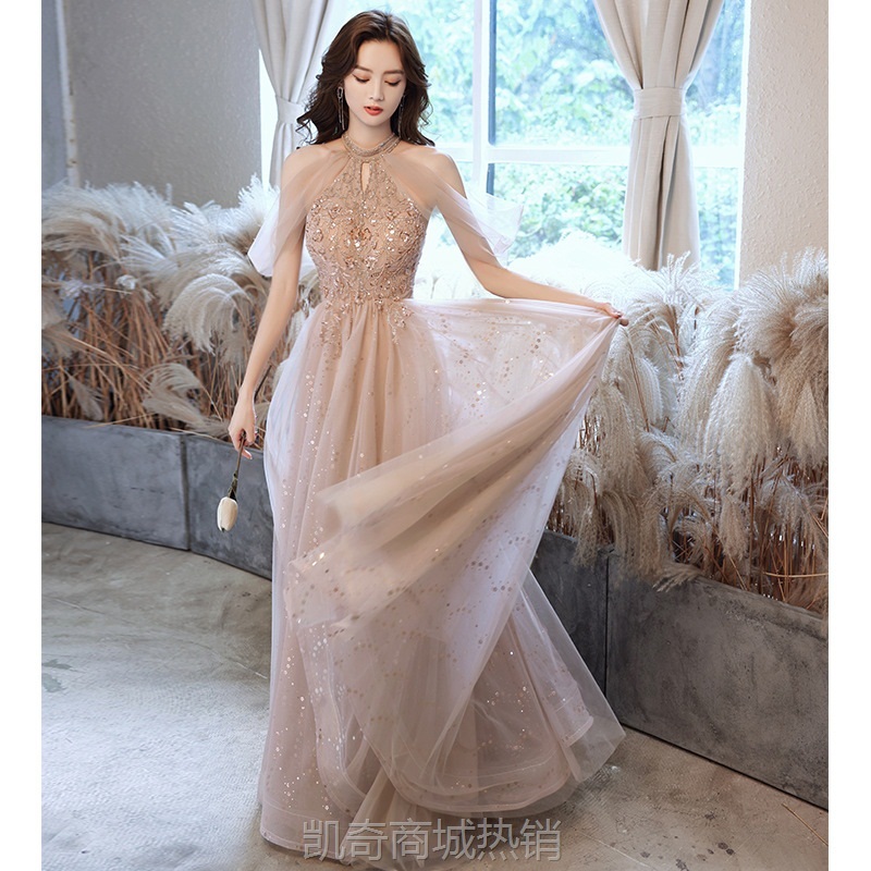 香槟色晚礼服裙洋气宴会气质轻奢名媛高贵春秋伴娘服主持人高级感