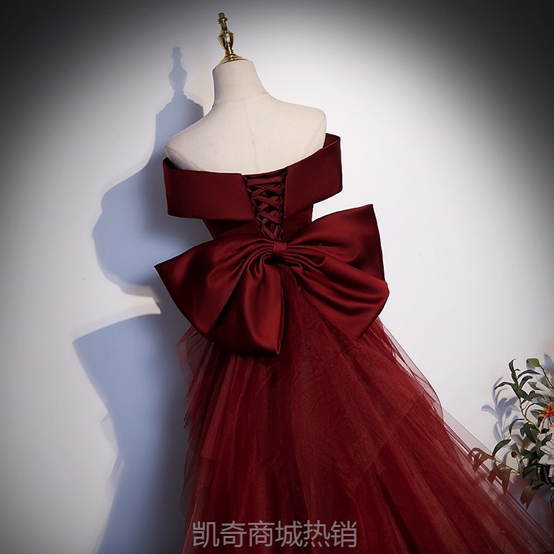 酒红色鱼尾晚礼服秋季独唱声乐艺考敬酒服年会主持人一字肩轻婚纱