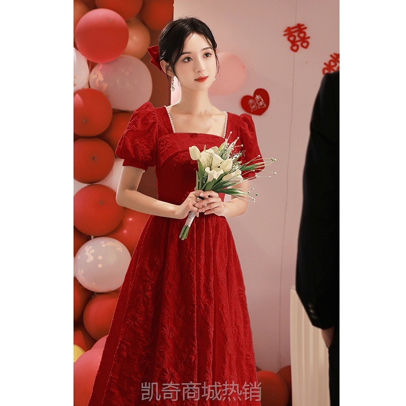 敬酒服新娘酒红色平时可穿法式宫廷风2024订婚连衣裙新款红裙礼服