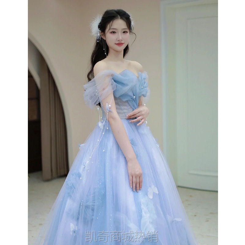 蓝色宴会晚礼服女2024新款高级感在逃公主敬酒服仙气轻奢年会礼服