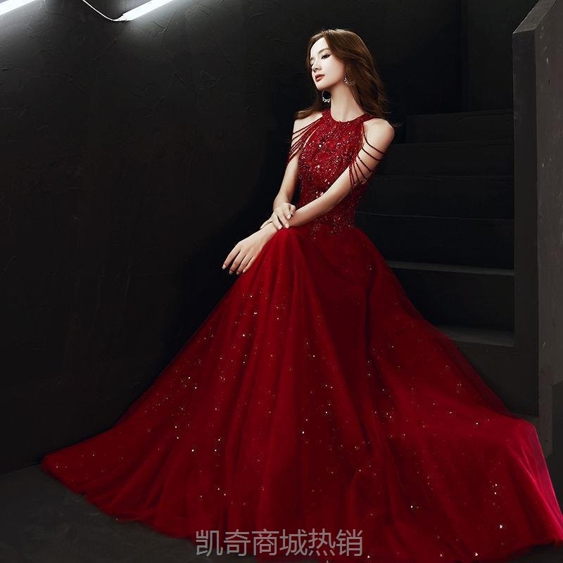 新娘敬酒服2024秋季新款酒红色亮片流苏答谢宴回门礼服裙厂家货源