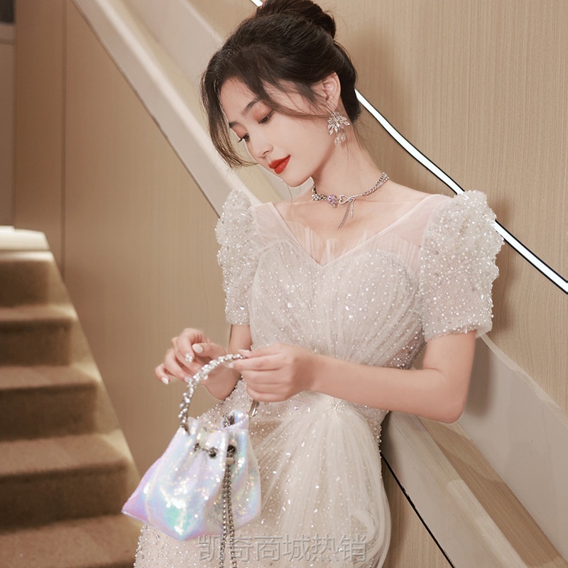 鱼尾晚礼服裙女2024秋季新款法式轻奢亮片小众婚纱裙年会晚宴礼服