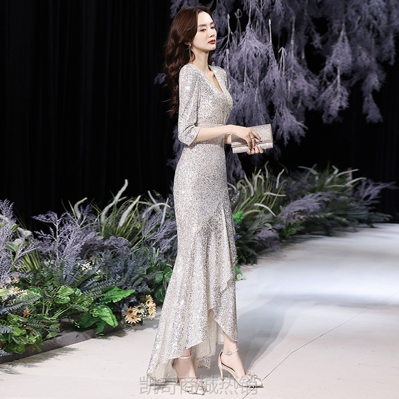 晚礼服女2024新款高级感气质法式宴会高贵鱼尾银色名媛主持人高端